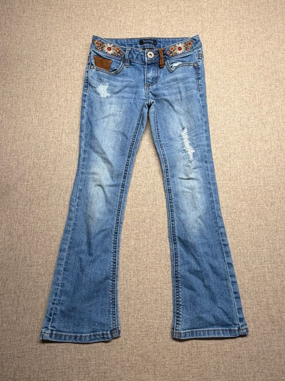 Girls Squeeze Size 7 Embroidered Floral Bootcut Jeans Distressed Y2K Western